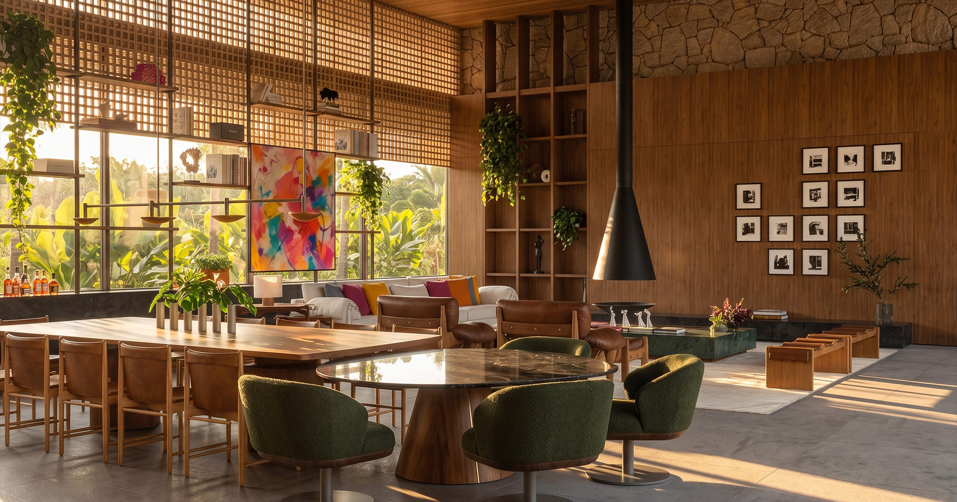 Render fotorrealista de lobby de hotel boutique com iluminação cinematográfica
